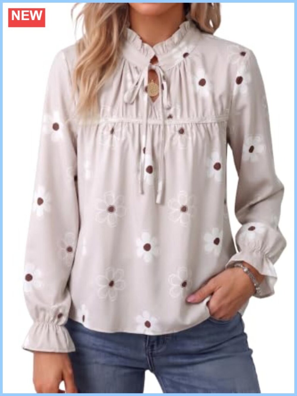 Womens Boho Ruffle Stand Collar Babydoll Blouse Lace Trim Puff Sleeve Top